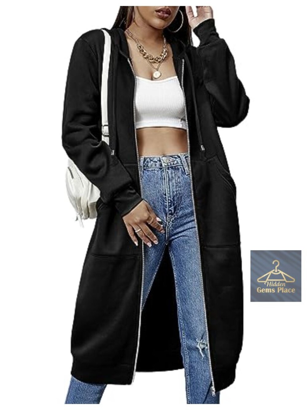 Women's Fleece Zip-Up Hoodie Long Tunic Sweatshirt Knee Length